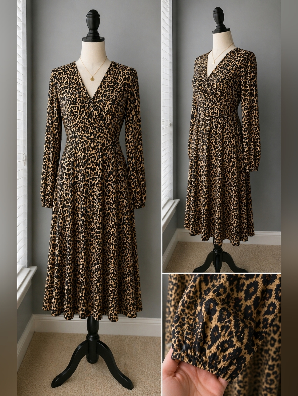 MNG Leopard Midi Dress | Flowy Fit | Long Sleeve | Size M